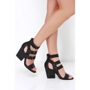 Very Volatile Martel Black Leather Buckle Strap‎ Block Heel Sandals Sz. 9